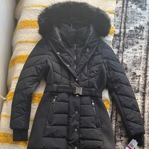 Michael Kors Quilted Black Puffer Jacket with Fur Hood